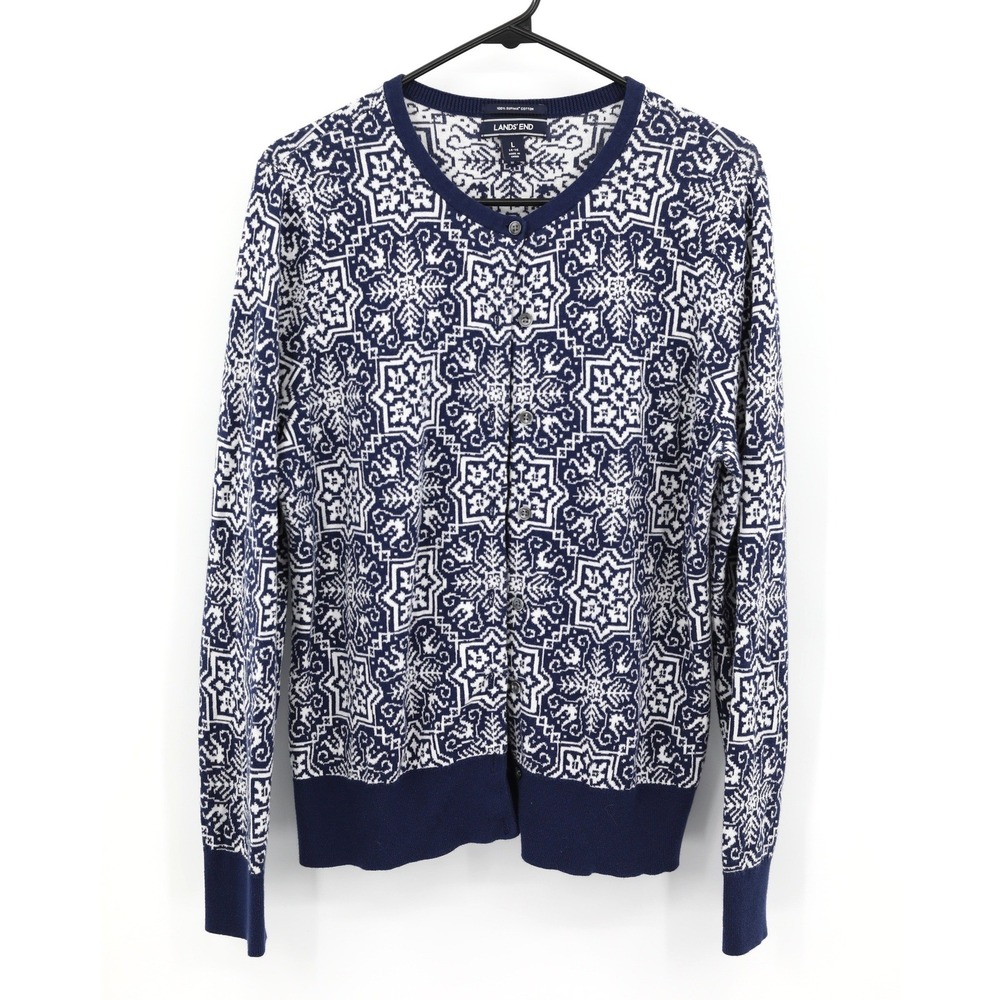 Lands End Supima Cotton Nordic Cardigan‎ L Navy White Classic Prep Timeless Knit